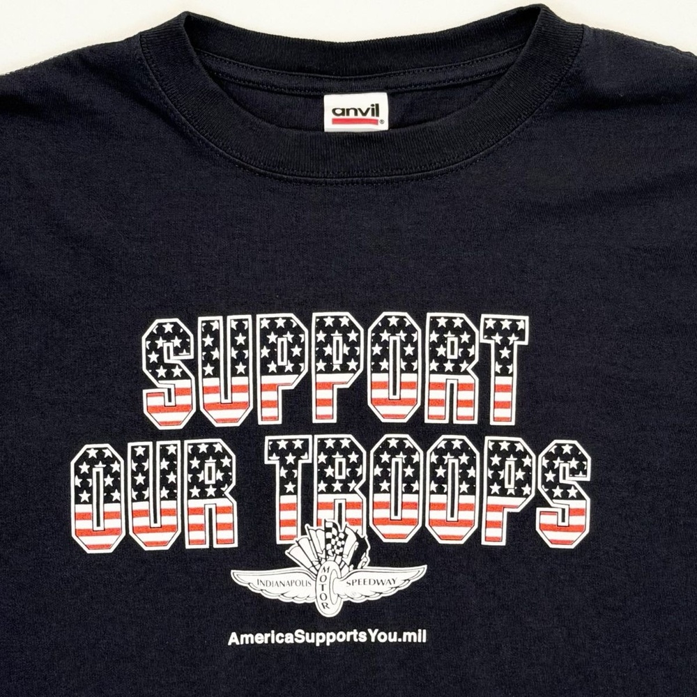 Vintage 90s/Y2K Support Our Troops Indianapolis Motor Speedway Black T-Shirt L